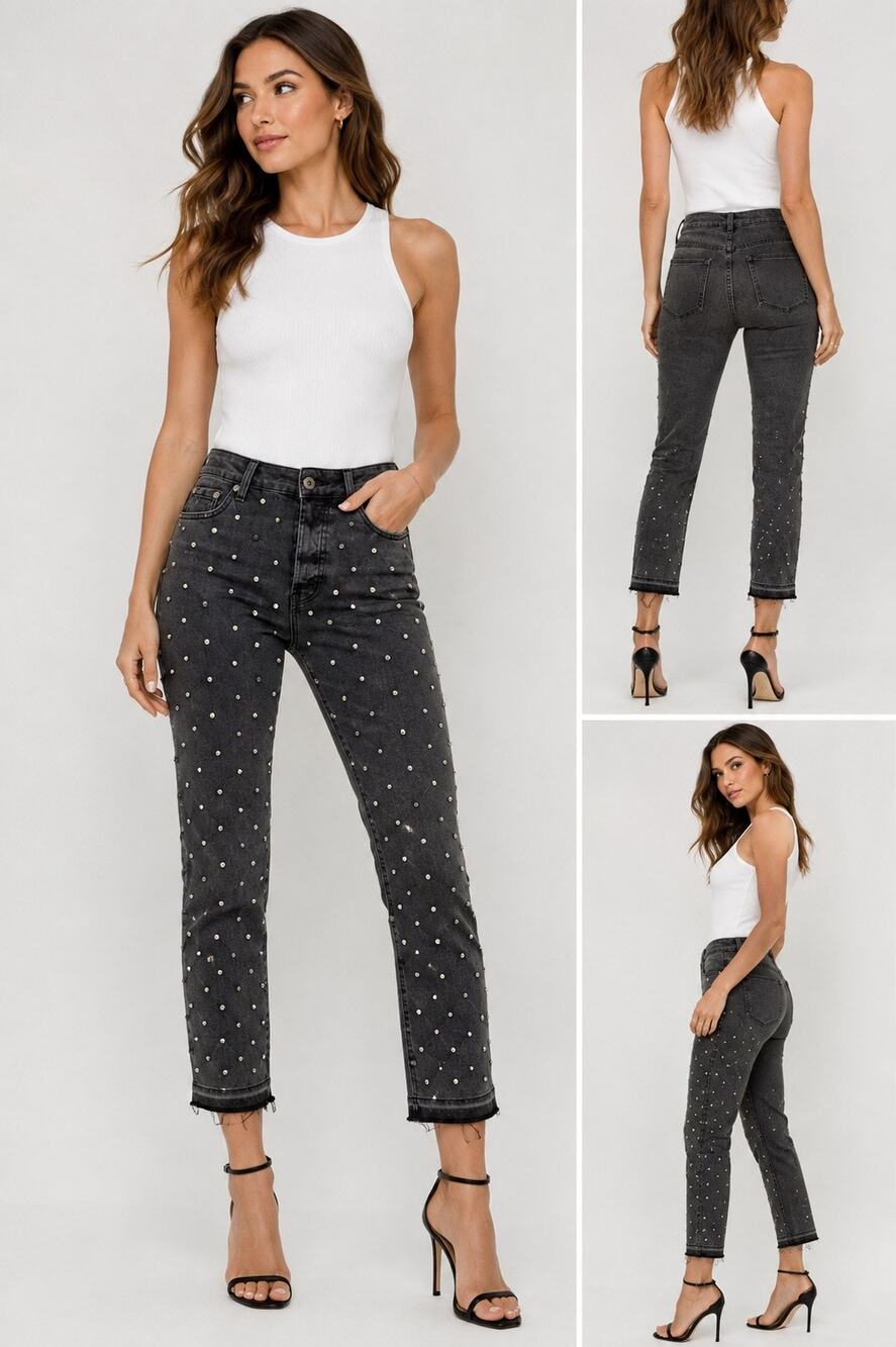 Pistola Charlie Rhinestone Stud Ankle Jeans 24 Black Denim NWT